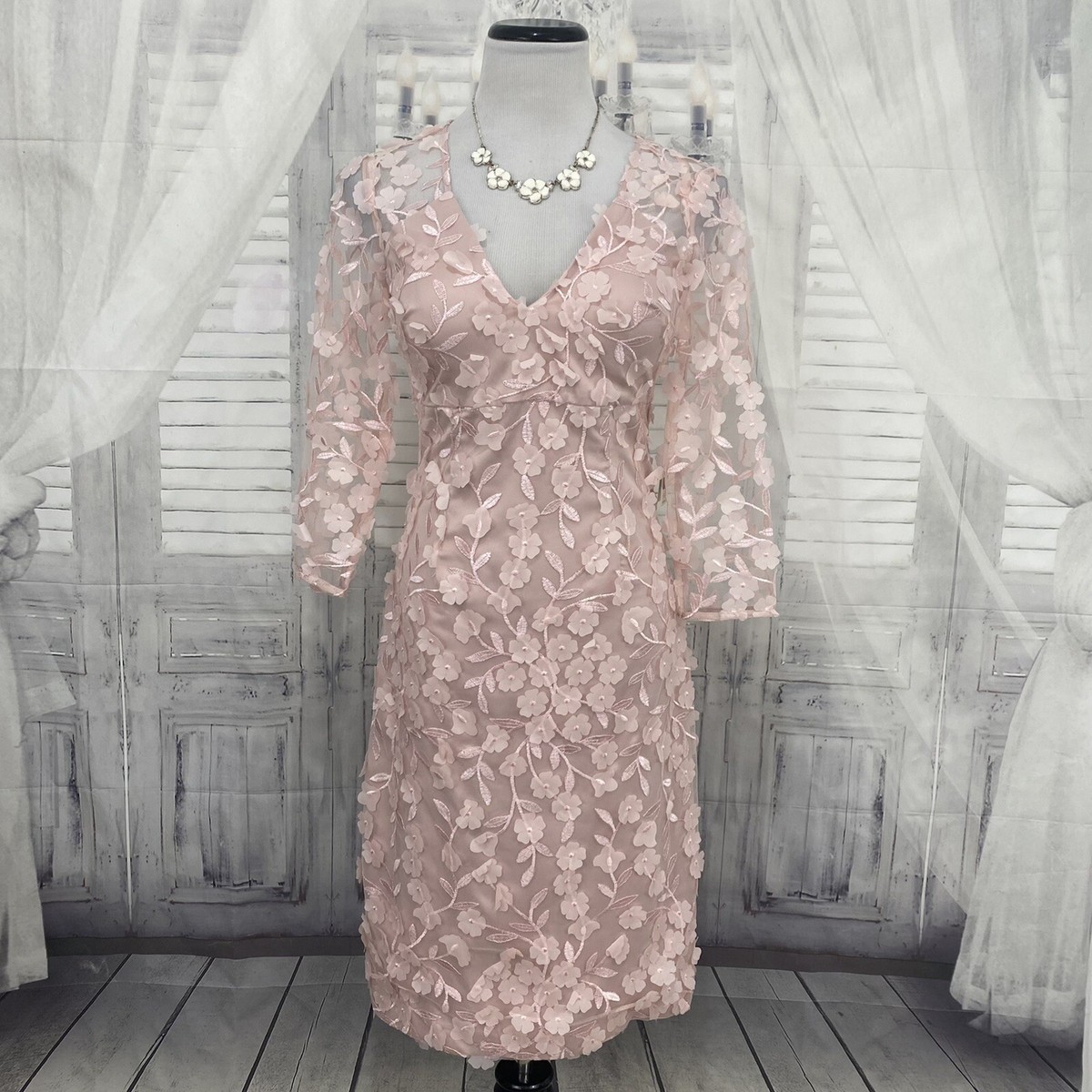 Eliza J Size 2 Blush Pink 3D Embroidered Applique Floral Dress Sleeve Formal  D7 | eBay