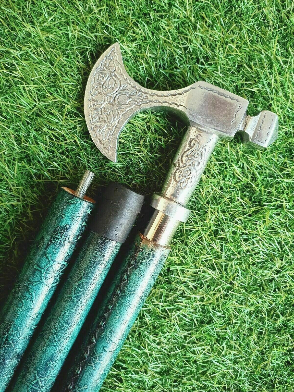 Chrome Brass Axe Head Handle Steampunk Leather Wa… - image 9