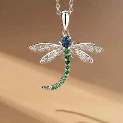 Rhinestone Dragonfly Pendant Necklace Holiday Gift Women's Fashion Silver Toned