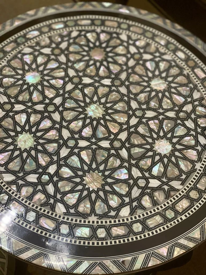 Handmade Wooden End Table Carving Wood Table Home Decor Mother of Pearl Inlay - Image 4 of 4