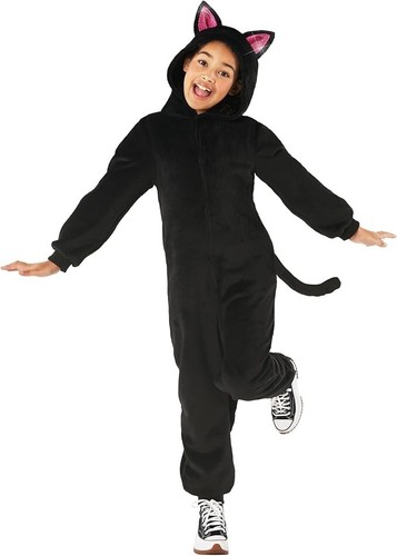 Girls Black Cat Costume Kids Hooded Halloween Jumpsuit + Tail & Ears S - XL - Picture 2 of 6