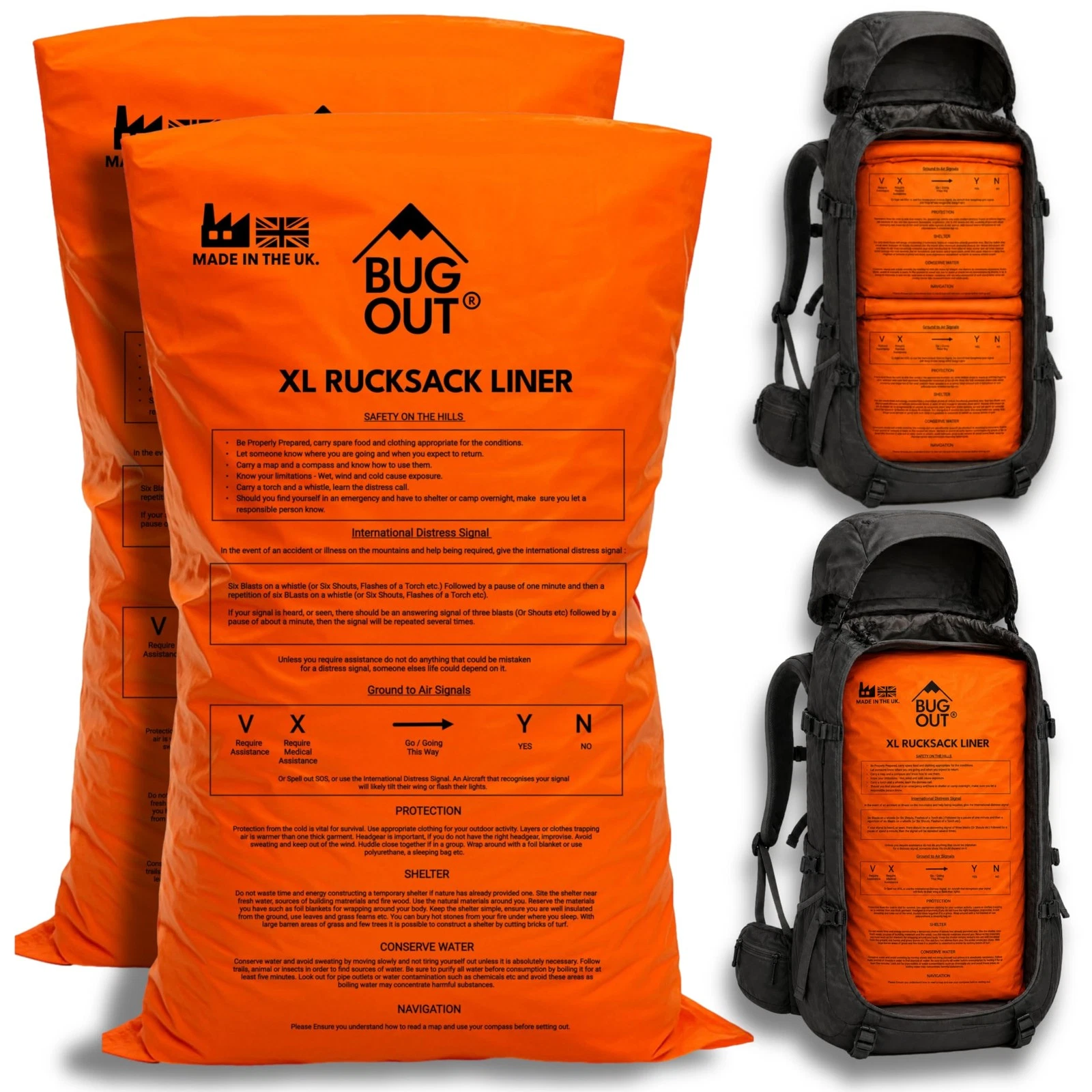 BUG OUT 2 Pack XL Waterproof Rucksack Liner, 90 X 55 Centimeters, Orange