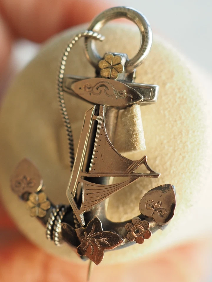BROCHE ANCIENNE ANCRE MARINE ARGENT MASSIF OR ANTIQUE ANCHOR SILVER BROOCH - Photo 3/4