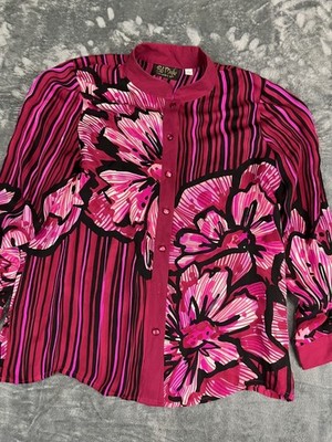 Bob Mackie Wearable Art Womens Pink Floral Striped Button-Up Blouse L