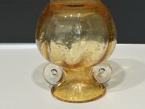 Vintage Hand Blown Glass Round Amber Yellow Vase With Handles - Picture 14 of 19