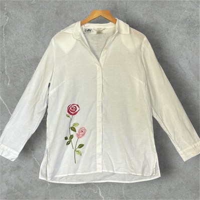Edward 100% Irish Linen White Button Front Shirt Embroidered Rose Floral L/XL