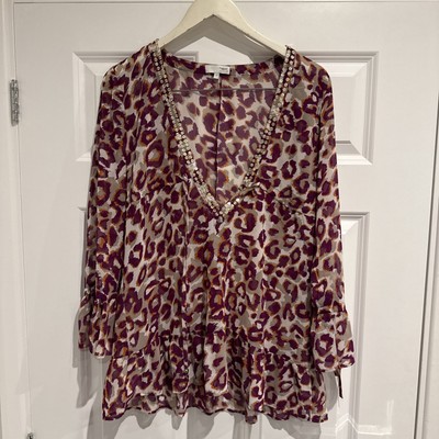 Next Petite Damenbluse lila Leopardenmuster Pailletten durchsichtig Größe 12