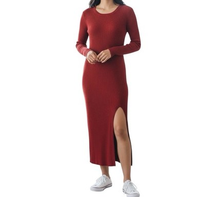 Lulus Ribbed Sweater Dress Womens XL Red Long Sleeve Midi Bodycon Side Slit