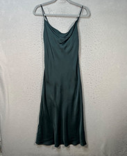 Zara Size XS Dark Green Satin-Like Maxi Slip Dress Cowl Neck Spaghetti Straps