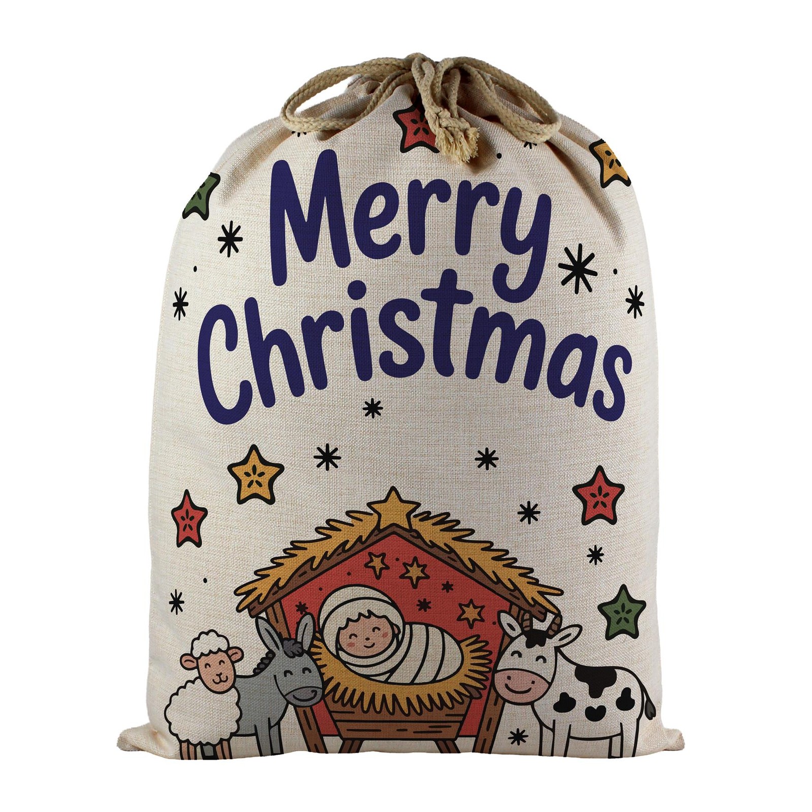 Cartoon Nativity Santa Sack - Large Linen-Style Bag for Childrens Xmas Gifts