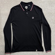 PRETTY GREEN Mens Black Barton Long Sleeve Tipped Polo Shirt Size S Small Mod