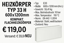 Radiatore universale tipo 22 compatto radiatore piatto 600 mm riscaldamento bianco ECA