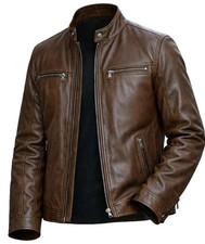 Men  s Premium Brown Genuine Leather Jacket Stand-Up Collar Classic UK Style