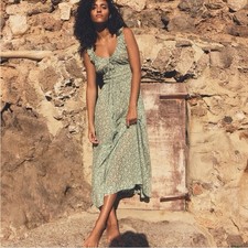 Doen Emmaretta Dress Maxi Cotton Smocked Floral Green Peridot Tea Medium EUC