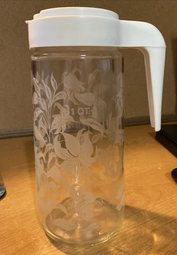 Vtg MCM Anchor Hocking Tang Etched Glass Pitcher / Carafe - 1 QT - VGC