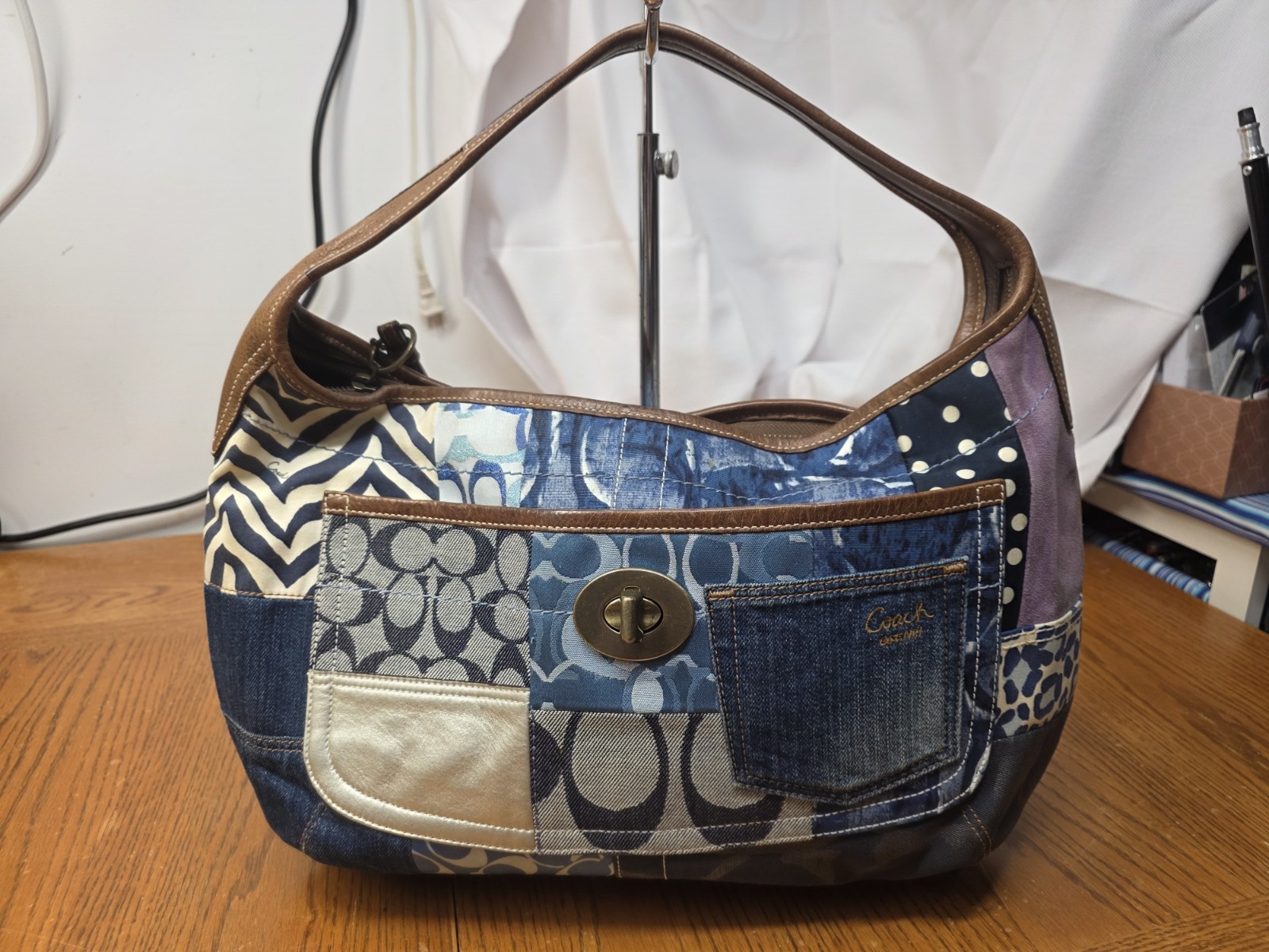 Coach Indigo Denim Blue Patchwork Ergo XL Hobo Handbag Purse Bag