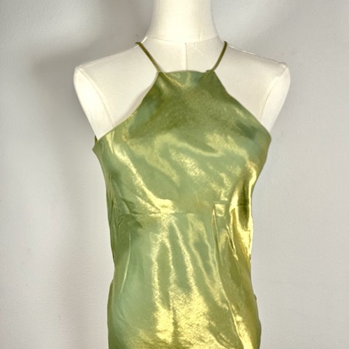 Vtg 90s Eminance Prom Dress XS Liquid Green Gold Maxi Halter Strap Goth Shimmer - Picture 5 of 15