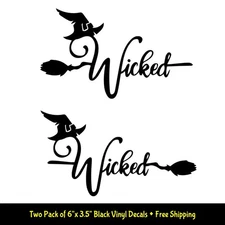 Wicked Witch Broom Hat Two PK 6" Black Vinyl Decals Car Truck Any Flat Surface