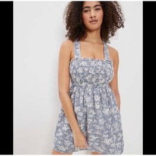 American Eagle Blue Gingham Floral Smocked Mini Dress XL Cotton Linen Cross Back