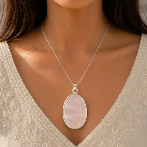 Natural Rose Quartz Oval Pendant Sterling Silver Necklace Handmade Love Gemstone - product listing photo