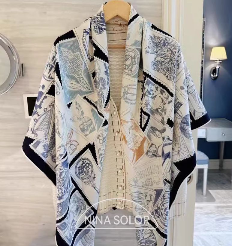 70% cashmere 30% silk blue double-sided printed square wrap shawl 130x130cm