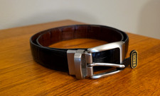 VINTAGE NEW MENS REVERSIBLE BLACK/BROWN CROC LEATHER BELT 38" BRUSHED SILVER