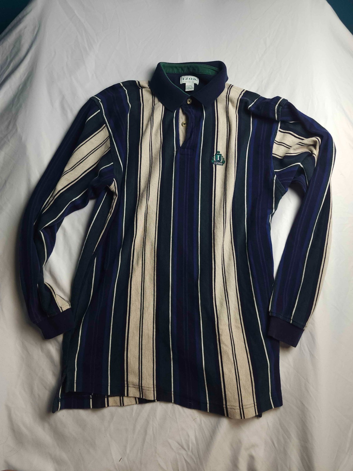 Vintage 90s Izod Polo Shirt Mens XL Blue Beige Long Sleeve Stripe Retro Preppy