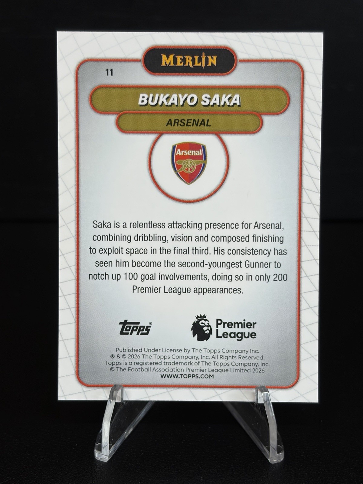 Bukayo Saka 2025-26 Topps Merlin Premier League Black /10 #11 Arsenal view 2
