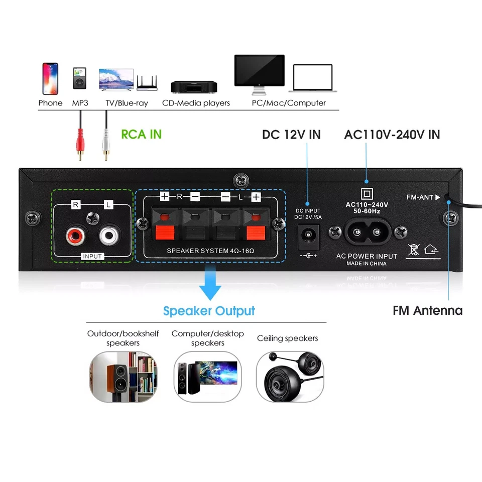 AK35 Bluetooth5.0 Power Amplifier Home/Car/Marine Stereo AUX FM TF Audio Amp - Image 4 of 4