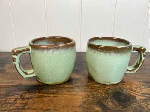 (2) VTG Frankoma Plainsman Prairie Green Brown 5C Coffee Mugs Cups Ridged Handle