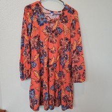 Old Navy Women's Orange And Blue Floral Print Dress Size Medium Long Sleeves
