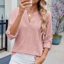 Summer Womens V-Neck Baggy Tops Ladies 3/4 Sleeve T-Shirts Blouse Plus Size US