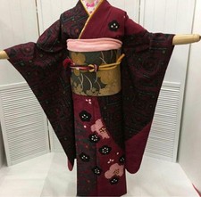 Furisode Kimono  Obi Set Retro Women's Used Size 160cm 66.5cm Sleeves