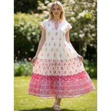 Sangria Block Print Embroidered Mirror Accent Tiered Midi Dress White Pink L