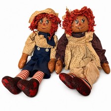 Primitive Raggedy Ann  Andy Style Folk Art Dolls Pair 25  Crackle Painted Faces