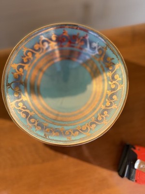 Vintage Vee Jackson San Gabriel California Teal Gold Footed Bowl Vintage  9 in  