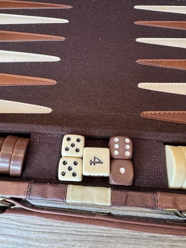 Backgammon Set Brown Faux Leather Striped Carry Case Complete with Book Vintage - Picture 8 of 18