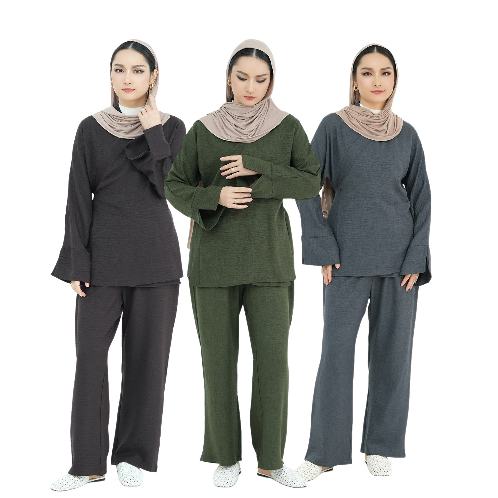 2Pcs Sets Muslim Women Dubai Blouse Top Wide Leg Pants Abaya Kaftan Ramadan Arab image 4