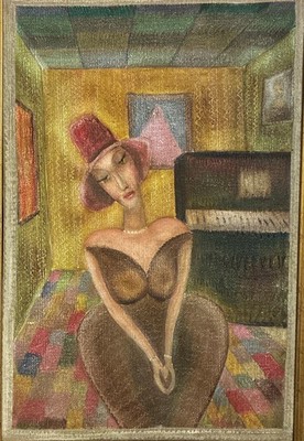 Original Ölgemälde Sexy Dame, Frau, Klavier, Zimmer Interieur.