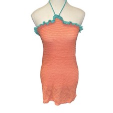 Cider Cottagecore Crochet Halter Dress - Coral & Turquoise - Small