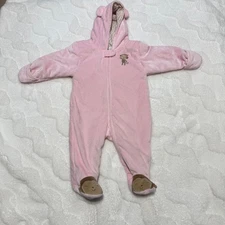 Carter's Pink Monkey Footie Pajamas Hooded Plush Fleece Baby Girls 9 Months