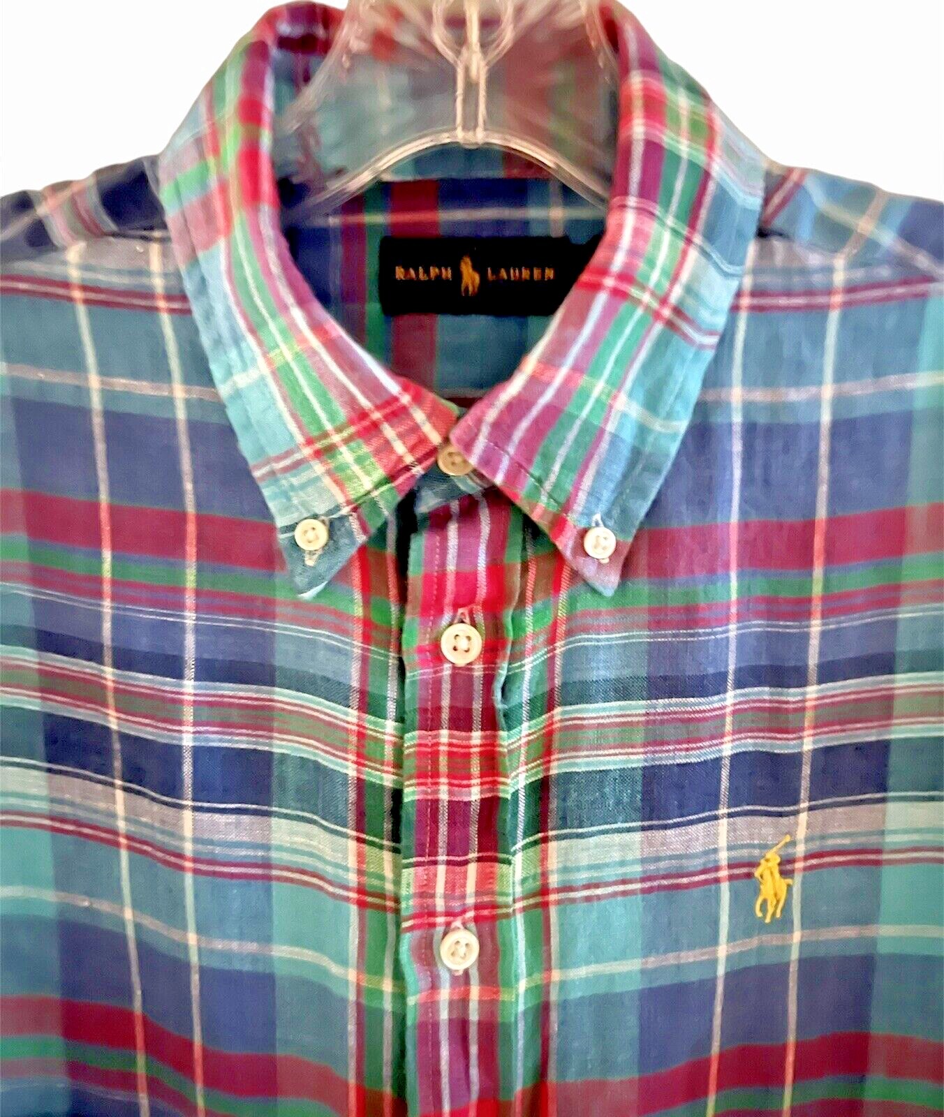 POLO RALPH LAUREN MEN'S PLAID LINEN SHIRTSIZE MEDIUM Gem