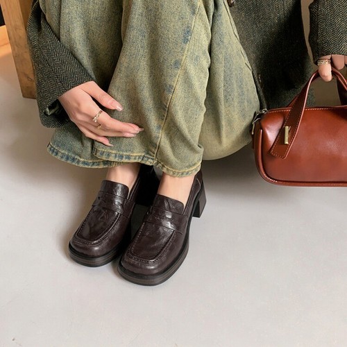Spring Womens Loafers High Chunky Heels Round Toe Slip On Leather Casual Shoes - Picture 14 of 22