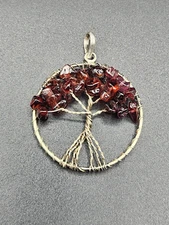 Tree of Life Silver Tone Pendant With Garnet Color Chip Beads