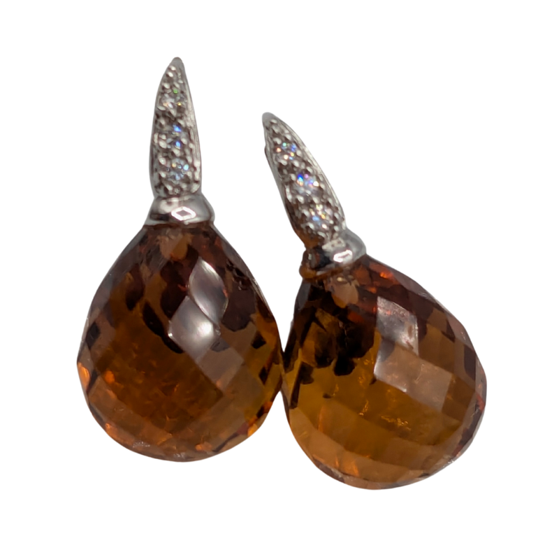 Faceted Natural Amber Teardrop Earrings Silver Leverback with Crystals