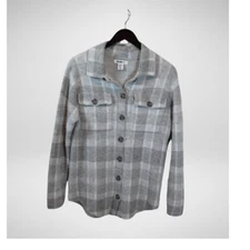 WILLIAM RAST Womens Size Small Gray Check Plaid SOFT & FUZZY Buttoned Sweater