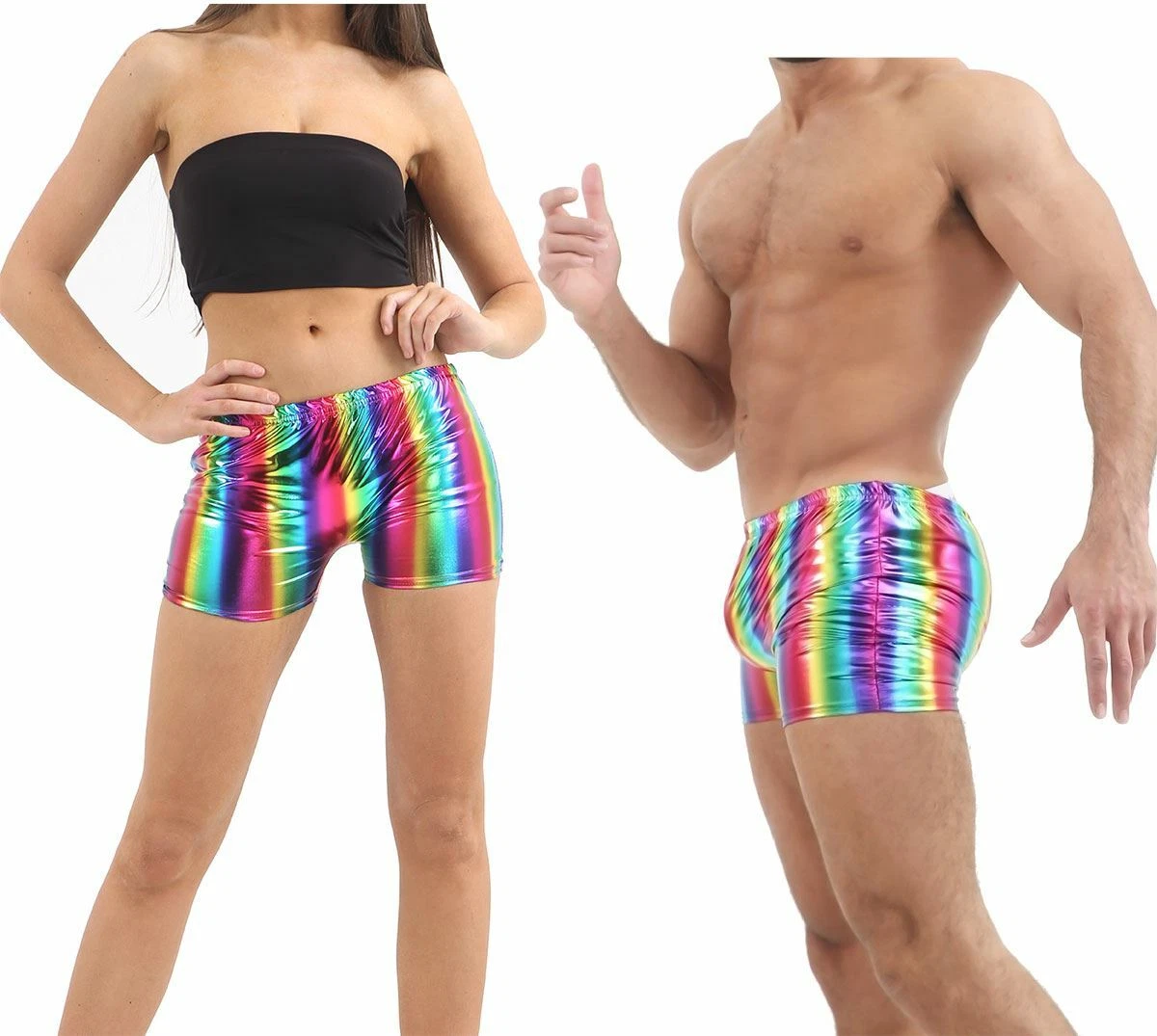 Womens Rainbow Hot Pants Mens LGBT Gay Pride Shiny Metalic Party