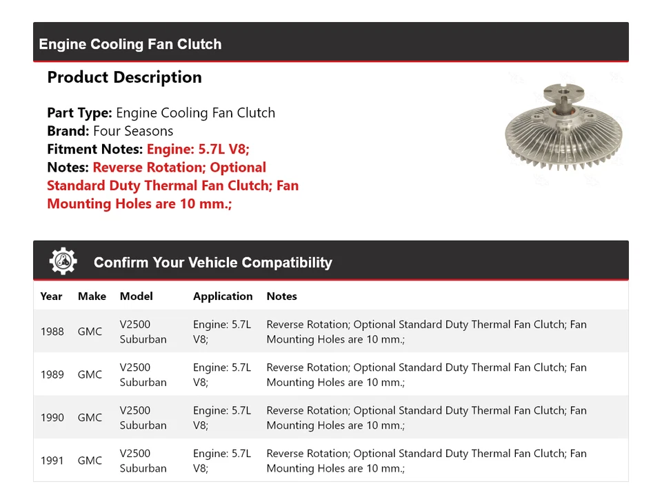 For 1988-1991 GMC V2500 Suburban 5.7L V8 Engine Cooling Fan Clutch 4 Seasons - Image 2 of 4