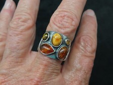 Contemporary Sterling Silver ADJUSTABLE Ring w/Multiple Amber Design SZ 8