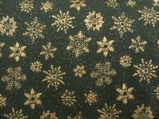 Cotton Fabric Metallic Gold Snowflakes on Dark Green Christmas 1yd 27" x 42